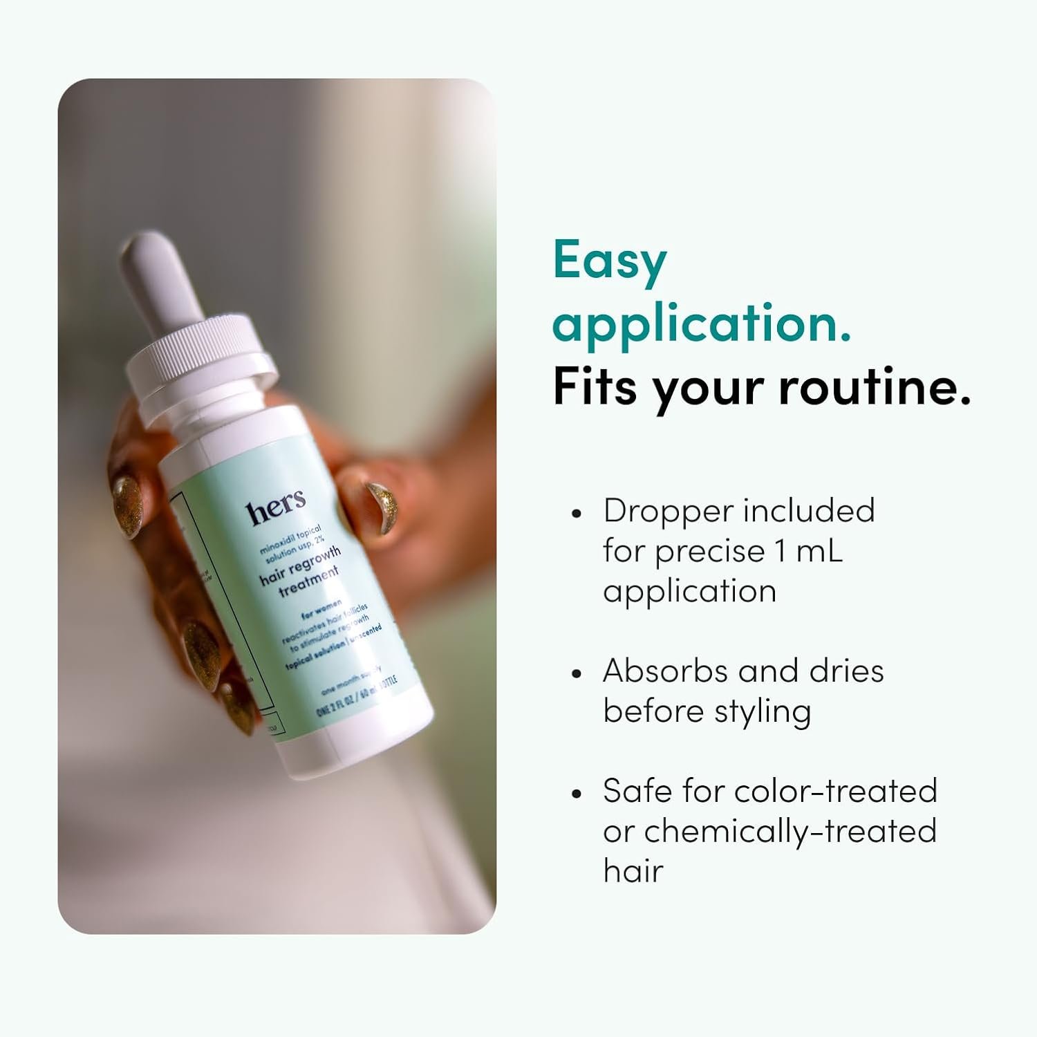 hers Hair Regrowth Treatment - Topical Minoxidil 2% Solution for Women - Supports Thicker, Fuller Hair - Non-Greasy - Unscented, 2 Pack - Image 5