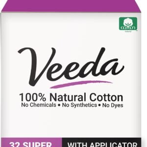 Veeda 100% Natural Cotton Tampons – Super Absorbency with leak proof protection – Compact BPA-Free Applicator – Unscented & Free from Chlorine, Toxin – 32 Count