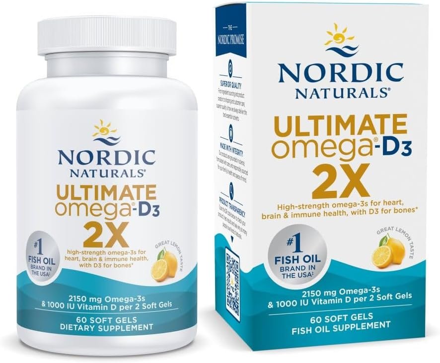 Nordic Naturals Ultimate Omega 2X with Vitamin D3, Lemon Flavor - 60 Soft Gels - 2150 mg Omega-3 + 1000 IU D3 - EPA & DHA - Brain, Heart, & Immune Health - 30 Servings