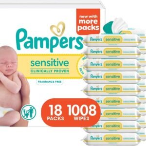 Pampers Sensitive Baby Wipes, Clinically Proven, Fragrance Free, Unscented, Water Based, Hypoallergenic, Multi-Use, Hand Wipes 1008 Wipes Total (18X Flip-Top Packs) [Packaging May Vary]