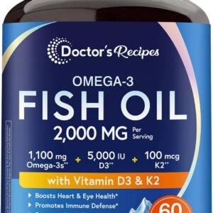 Doctor’s Recipes Omega-3 Fish Oil with Vitamin D3 K2, 1100 mg Omega-3 Fatty Acids, D3 5000 iu & K2 100 mcg, for Healthy Heart Brain Eye Support, for Women and Men 60 Softgels