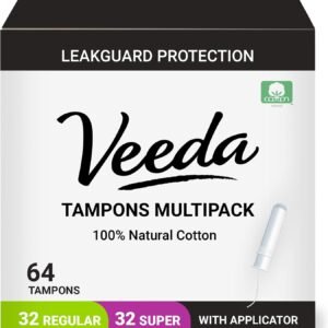 Veeda 100% Natural Cotton Compact Regular and Super Tampons – Compact BPA-Free Applicator – Unscented, Chlorine & Toxin Free – 32 Count Regular & 32 Count Super