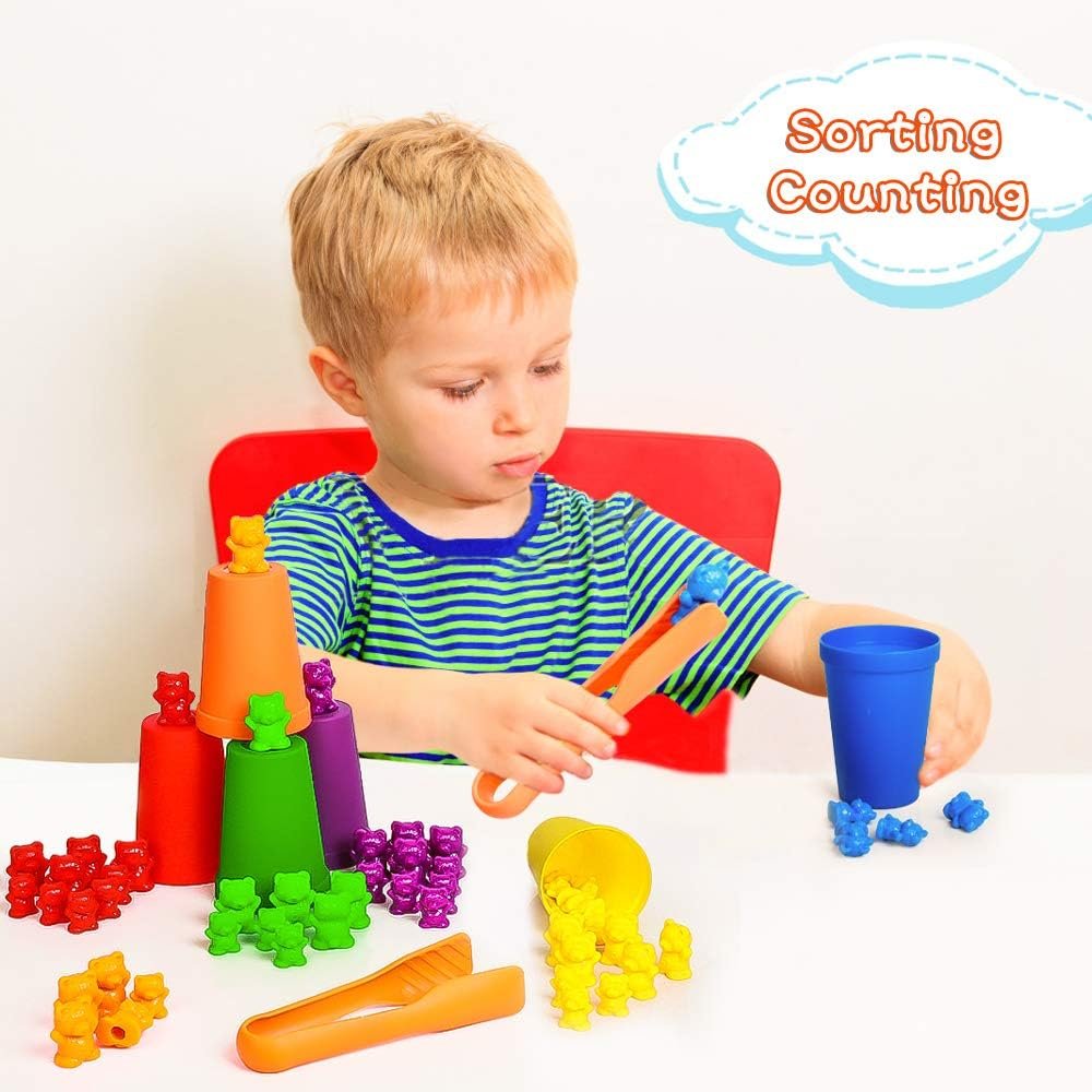 Bmag Counting Bears with Matching Sorting Cups,Number Color Recognition STEM Educational Toy for Toddler, Pre-School Learning Toy with 90 Bears,2 Tweezers,11 Activity Cards,1 Storage Box - Image 4