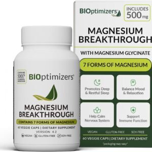 BIOptimizers Magnesium Breakthrough Supplement with 500mg – 7 Forms of Magnesium: Glycinate, Malate, Citrate, and More – Natural Support for Sleep and Cognitive Function -60 Capsules- Calming Vitamins