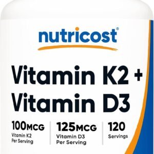 Nutricost Vitamin D3 + K2 (5000 IU D3 / 100mcg MK7), 120 Softgels – Gluten-Free & Non-GMO