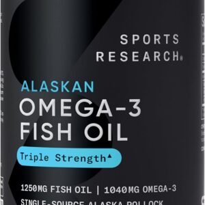 Sports Research Triple Strength Omega 3 Fish Oil 1250mg from Wild Alaskan Pollock – Burpless Fish Oil Supplement with Omega-3 EPA & DHA – Sustainably Sourced, Non-GMO, Gluten Free – 30 Softgels