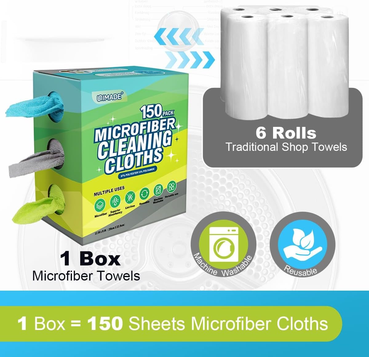 UNIMADE Microfiber Cleaning Cloth, 150 Pack Reusable Paper Towels Microfiber Towels for Cars Lint Free Shop Rags with Box for Home Kitchen Automotive, 11"x 9", Blue & Grey & Green - Image 3