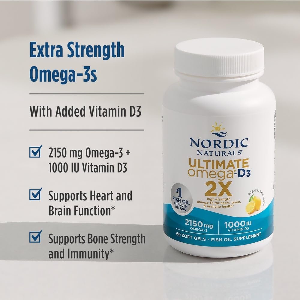 Nordic Naturals Ultimate Omega 2X with Vitamin D3, Lemon Flavor - 60 Soft Gels - 2150 mg Omega-3 + 1000 IU D3 - EPA & DHA - Brain, Heart, & Immune Health - 30 Servings - Image 3