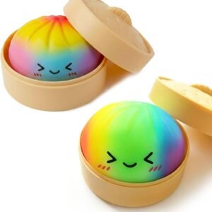 2pcs Rainbow Dumpling Toy with Steamer Box, Surprise Colorful Squeeze Dough Stress Ball Realistic Steamed Bun Fidget Sensory Toy for Adult Gift
