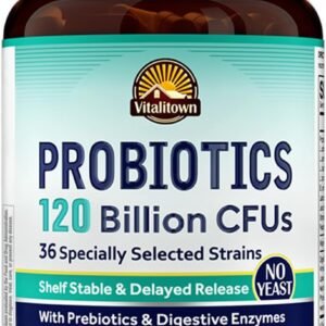 VITALITOWN Probiotics 120 Billion CFUs | 36 Strains, with Prebiotics & Digestive Enzymes for Men Women | Shelf Stable | Digestive Health & Immune Support | Vegan, Non-GMO | 30 Delayed Release Veg Caps