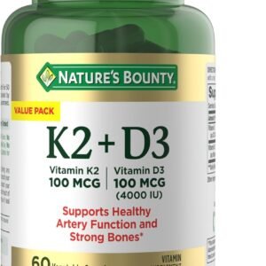 Nature’s Bounty Vitamin D3 K2 Supplement, 4000 IU Vitamin D3 plus 100 mcg of Vitamin K Supplements for Adults for Heart & Bone Health Support, 60 Day Supply, 60 Vegetarian Capsules