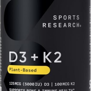 Sports Research Vitamin D3 with K2 Softgels – Plant Based K2 & Vegan D3 5000iu with Coconut MCT Oil – Vegan Certified, Soy & Gluten Free – 120 Count