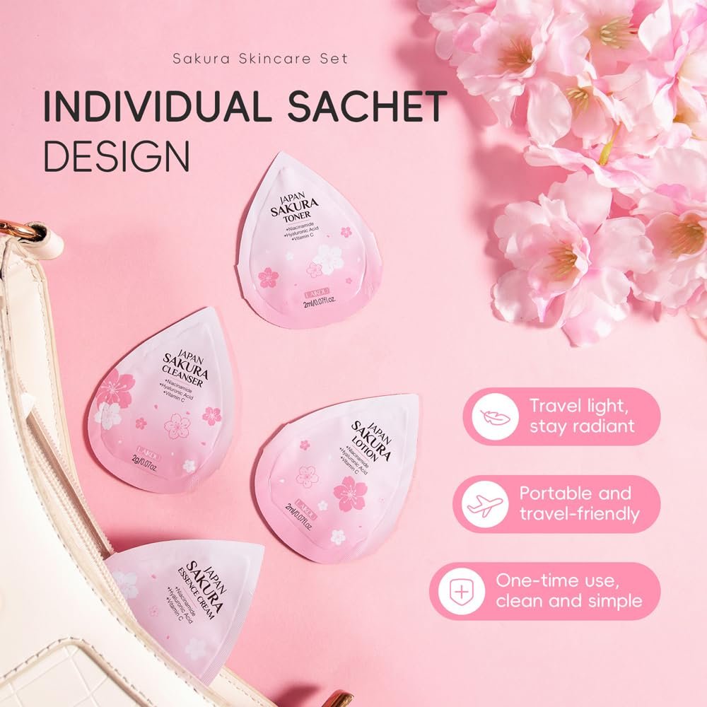Sakura Travel Skincare Sets, 60pcs Mini Travel Skin Care kit Including Cleanser, Toner, Lotion, Serum, Cream, Sleepping Mask - Image 3