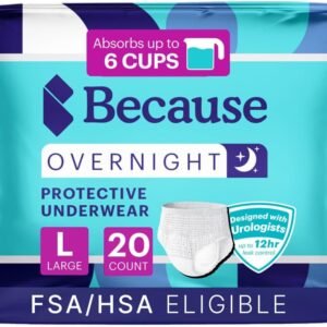 Because Overnight Absorbency Pull Ups – Adult Disposable Incontinence Underwear, Extra Absorbent Nighttime Briefs for Men and Women, White, Large, 20 Count