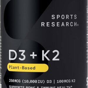 Sports Research® Vitamin D3 + K2 with 10,000iu of Plant-Based D3 & 100mcg of Vitamin K2 as MK-7 | Non-GMO Verified & Vegan Certified 60ct
