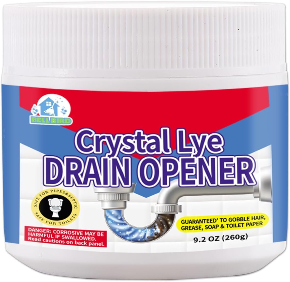 BELL BIRD Crystal Lye Drain Opener, Lye Sodium Hydroxide, Unclogs Bathroom Kitchen Sinks, Shower Pipes & Toilets, Sink Drain Cleaner, Clog Remover for Clogged Drains Bathtub Pipes (1PCS)