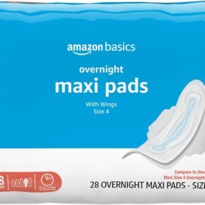 Amazon Basics Thick Maxi Pads with Wings for Periods, Overnight Absorbency, Leak Protection, Super Absorbent, Unscented, Size 4, 28 Count