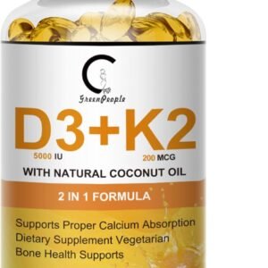 Vitamin D3 K2 Supplement with Vitamin D3 5000 IU, 200 mcg Vitamin K2 MK-7 & Natural Coconut Oil, Plant Based 2-1 Formula for Bone, Teeth, Muscle and Immune Health Support,120 Softgel Capsules