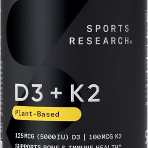 Sports Research® Vitamin D3 + K2 w/Coconut Oil – Vegan Vitamin D 5000iu (125mcg) & Mk7 Vitamin K 100mcg for Bone & Immune Support – Vegan Certified · Non-GMO · Soy Free – 30 Softgels
