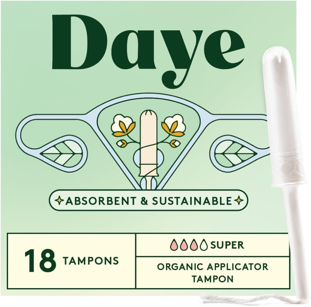 Daye Organic Tampons Super | 18ct | Pesticide & Metal Tested, 100% Organic Cotton for Heavy Flow | No-Shed Sleeve, Sugarcane Applicator