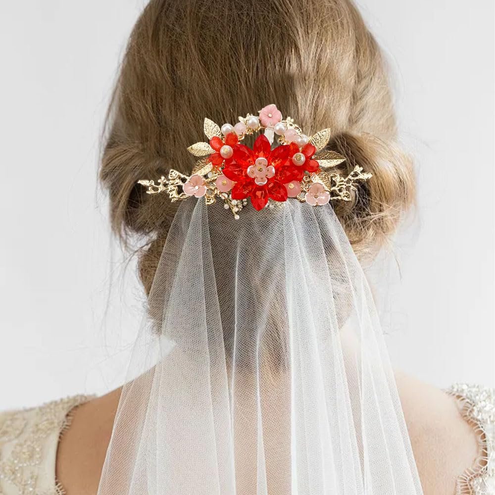 Traditional Chinese Wedding Hair Accessories, Red and Pink Pearl Flower Tassel Hairpins with Gold Chain, Vintage Hanfu Style Hair Clips, 5 Piece Set - Image 5