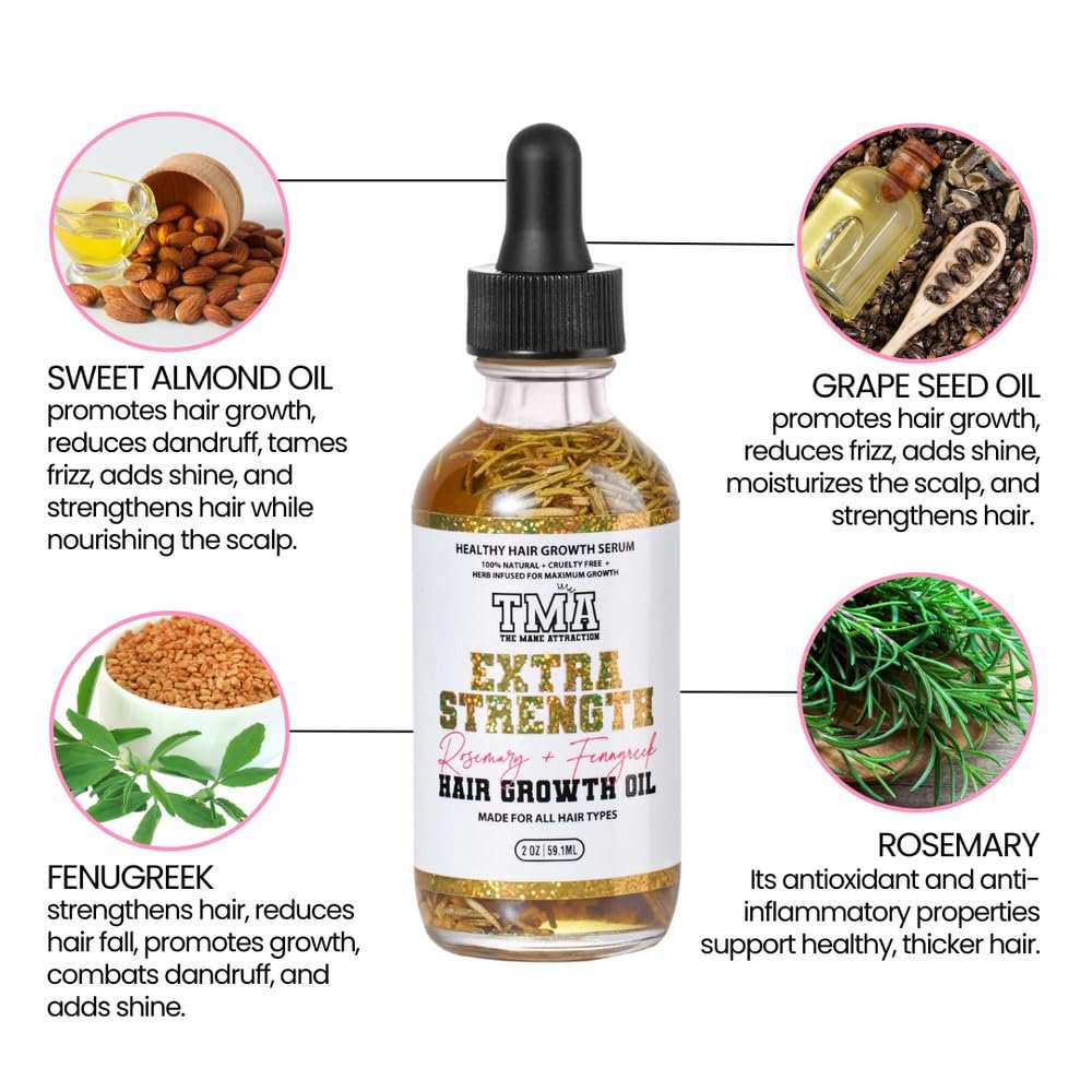 The Mane Attraction Extra-Strength Herbal Hair Growth Oil, Rosemary & Fenugreek Blend, Castor & Vitamin E Infusion, Scalp-Nourishing for All Hair Types, 2 Fl Oz - Image 4