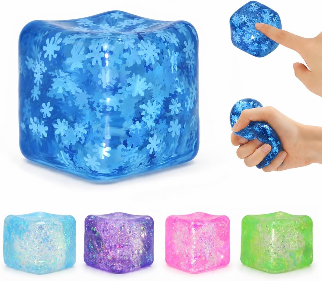 Cube Shaped Squeeze Balls, Super Solid Squishy Stress Relief Toys, Glitter Filled Squeeze Toys,Anxiety Relief Toys for Teens & Adults, Desk Fidget Decor (Blue-A)