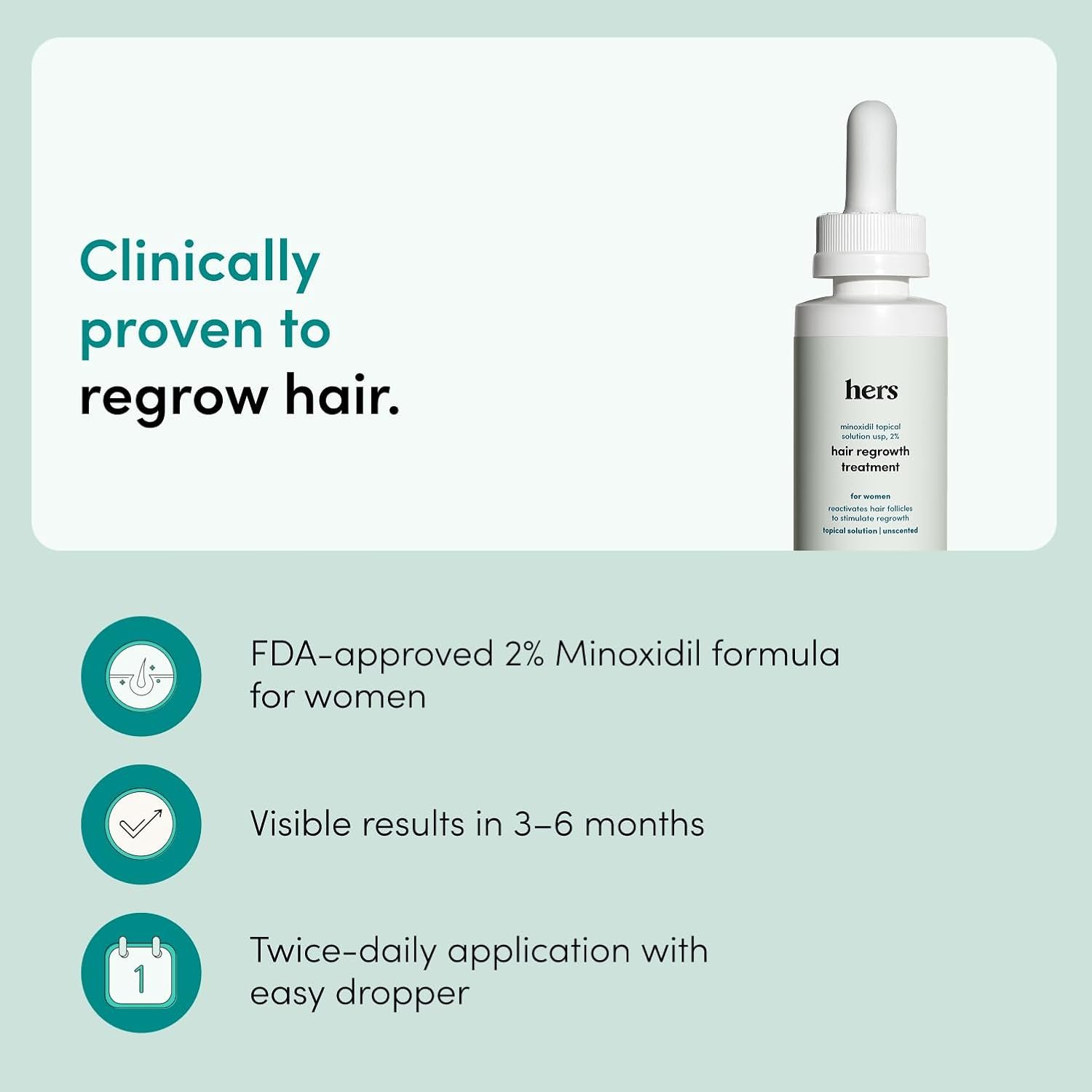 hers Hair Regrowth Treatment - Topical Minoxidil 2% Solution for Women - Supports Thicker, Fuller Hair - Non-Greasy - Unscented, 2 Pack - Image 2