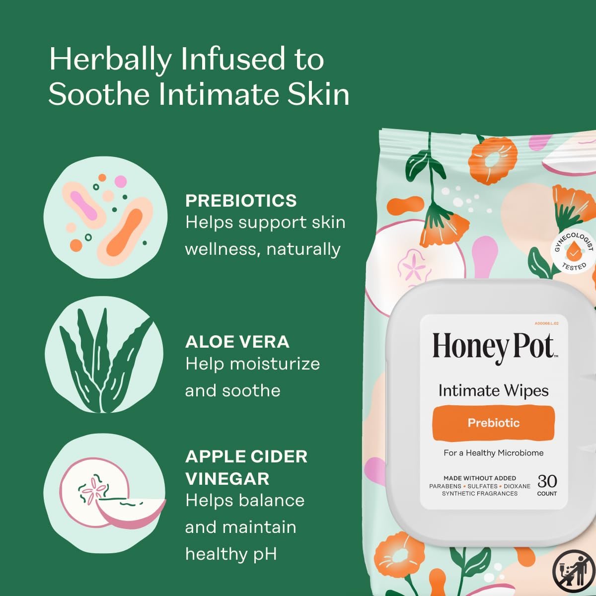 The Honey Pot Company - Feminine Wipes - Prebiotic - Herbal Infused w/Aloe Vera, Apple Cider Vinegar, & Probiotics - pH Balanced - Feminine Care for Sensitive Skin - Cleansing Wipes for Women - 30ct - Image 3