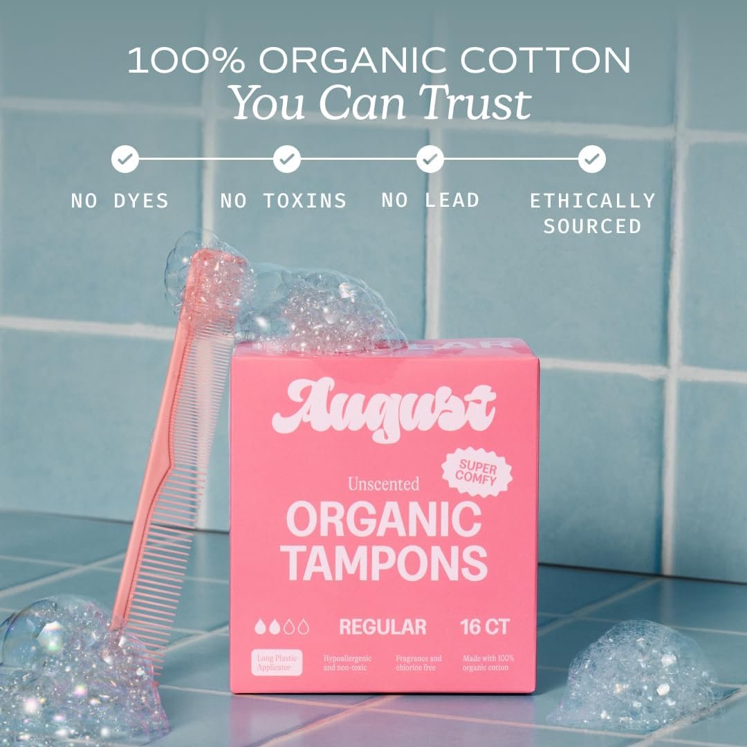 August Regular Tampons - Easy-Glide Long Applicators - 36-Pack 100% Organic Cotton Tampons for Women, Non-Toxic, Fragrance-Free, and Hypoallergenic - Image 2