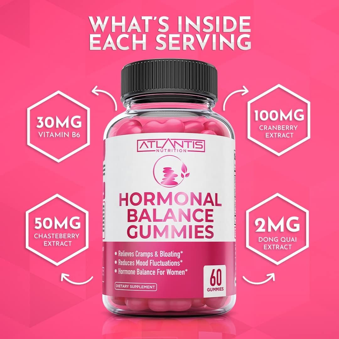 Atlantis Nutrition Hormonal Balance for Women & PMS Relief Gummies - Alleviates Cramps, Bloating, Mood Swings, Hot Flashes & Night Sweats - Cranberry, Dong Quai & Chasteberry Menstrual Cramp Relief - Image 6