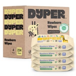 DYPER Newborn Sensitive Baby Wipes Unscented (224 Count), 99.9% Water-Based, Plant-Based & Hypoallergenic – Gentle for Sensitive Skin, Plastic-Free Multi-Use Wet Wipes (Pack of 4) Packaging May Vary