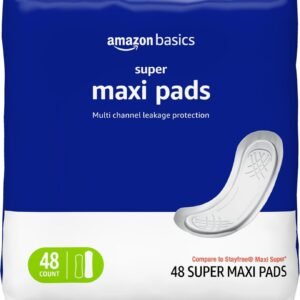 Amazon Basics Maxi Pads For Periods- Thick, Super Absorbency, Unscented, 48 Count, 1 Pack