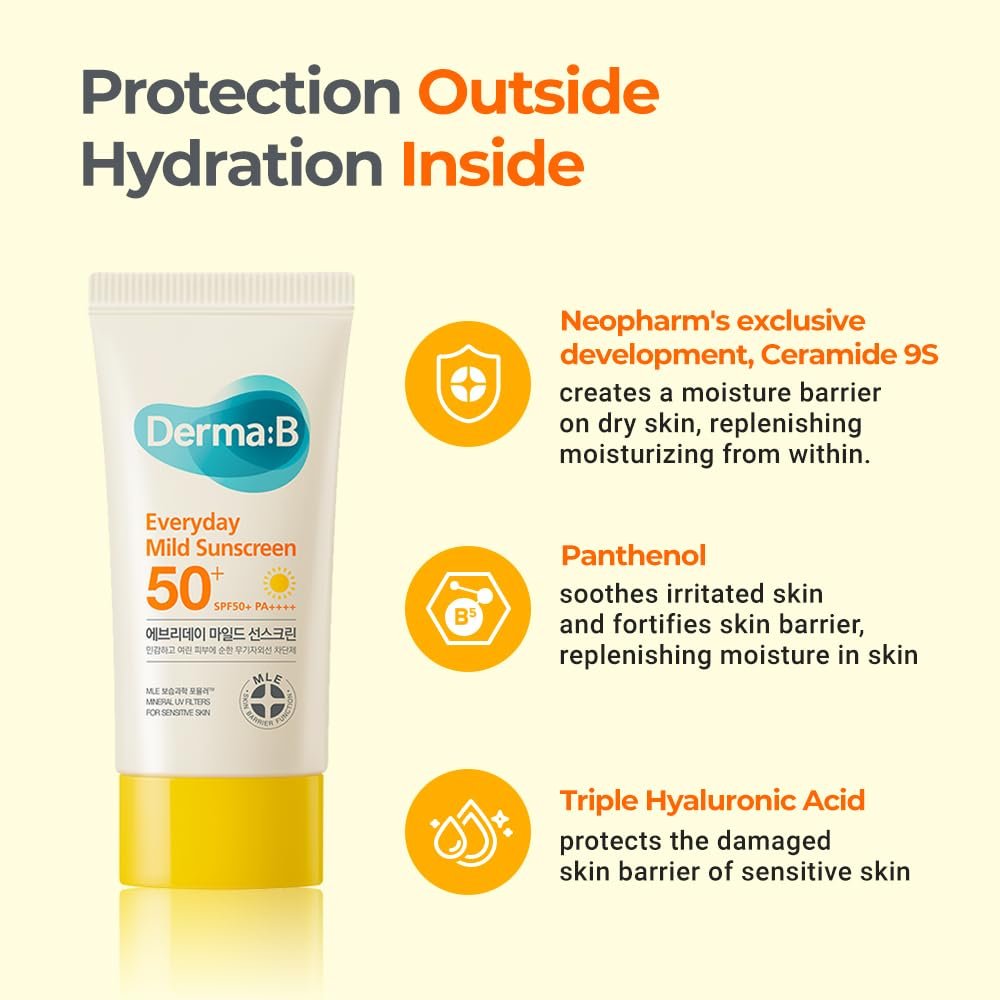 Derma B Everyday Mild Sunscreen SPF50+ PA++++ 1.69 Fl Oz, 50ml Fast-Absorbing Lightweight SPF Sunblock Moisturizer, Facial Body Non-Sticky for Dewy Skin, Korean Sunscreen Lotion for Sensitive Skin - Image 5