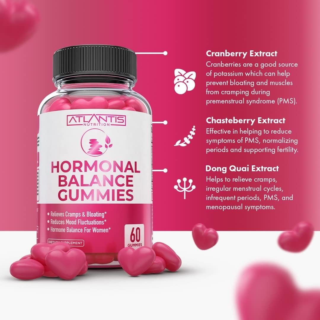 Atlantis Nutrition Hormonal Balance for Women & PMS Relief Gummies - Alleviates Cramps, Bloating, Mood Swings, Hot Flashes & Night Sweats - Cranberry, Dong Quai & Chasteberry Menstrual Cramp Relief - Image 3