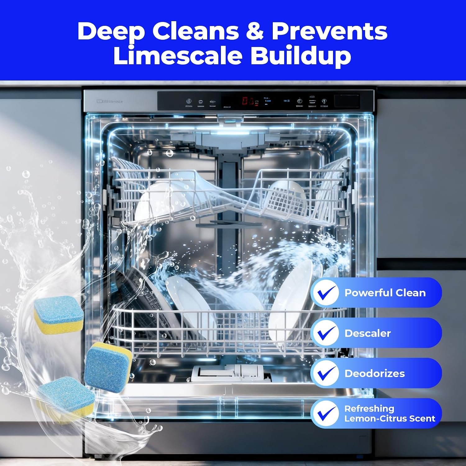 Dishwasher Cleaner Tablets (24 Count) - with Fresh Lemon Scent Dishwasher Cleaner and Deodorizer, Deep Cleans & Descales, Fits All Dishwashers, Septic Safe, 12 Month Supply - Image 2