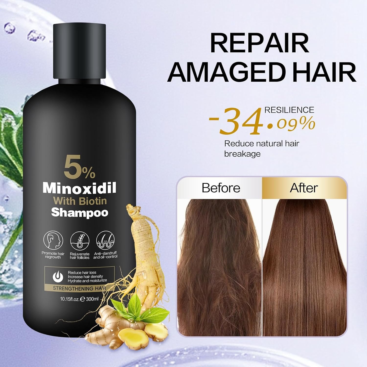 Minoxidil Shampoo & Conditioner Set for Hair Growth – Biotin, Ginseng & Ginger – Supports Thicker, Fuller Hair – Scalp Care Formula – For Men & Women – 600ml Duo - Image 8
