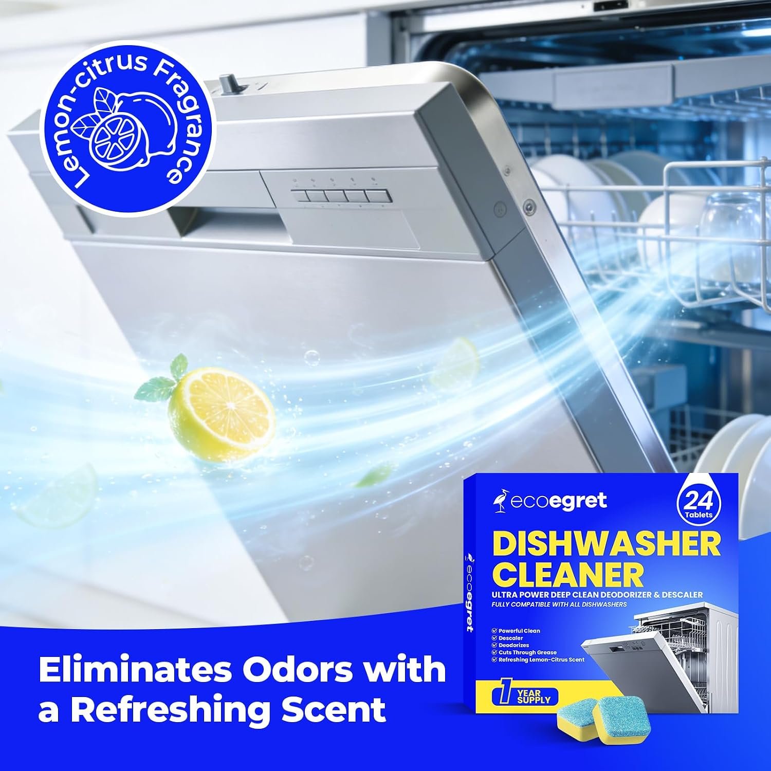 Dishwasher Cleaner Tablets (24 Count) - with Fresh Lemon Scent Dishwasher Cleaner and Deodorizer, Deep Cleans & Descales, Fits All Dishwashers, Septic Safe, 12 Month Supply - Image 3