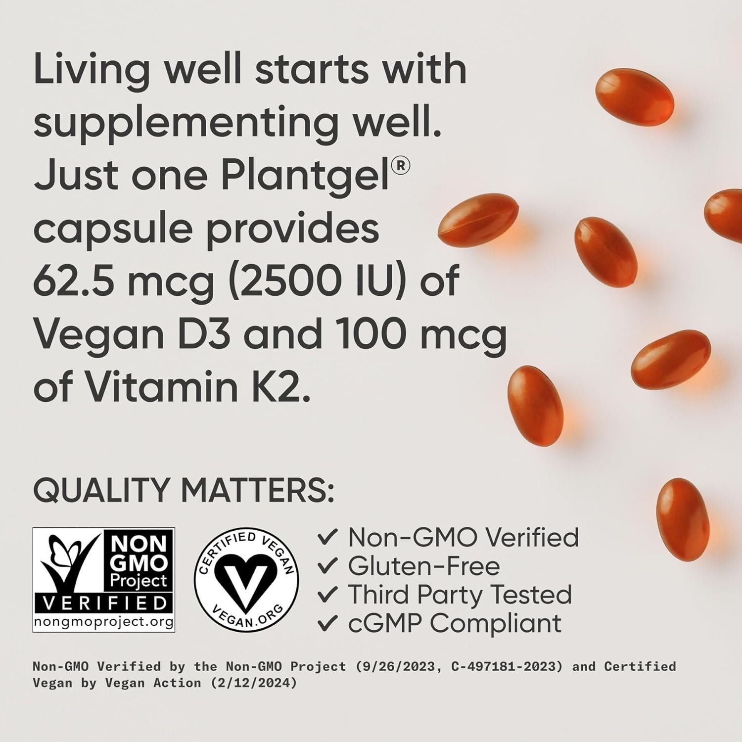 Sports Research® Vitamin D3 + K2 w/Coconut Oil - Vegan Vitamin D 2500iu (62.5mcg) & Mk7 Vitamin K 100mcg for Bone & Immune Support - Vegan Certified · Non-GMO · Soy Free - 60 Softgels - Image 4
