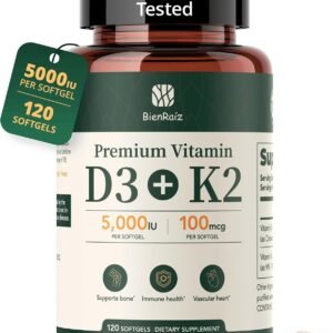 Vitamin D3 K2 5000IU 100mcg MK-7, 120 Softgels, Gluten Free, 2-in-1 K2 D3 Vitamin Supplement for Bone & Heart Health, Immune Support, Energy & Better Calcium Absorption, 4-Month Supply