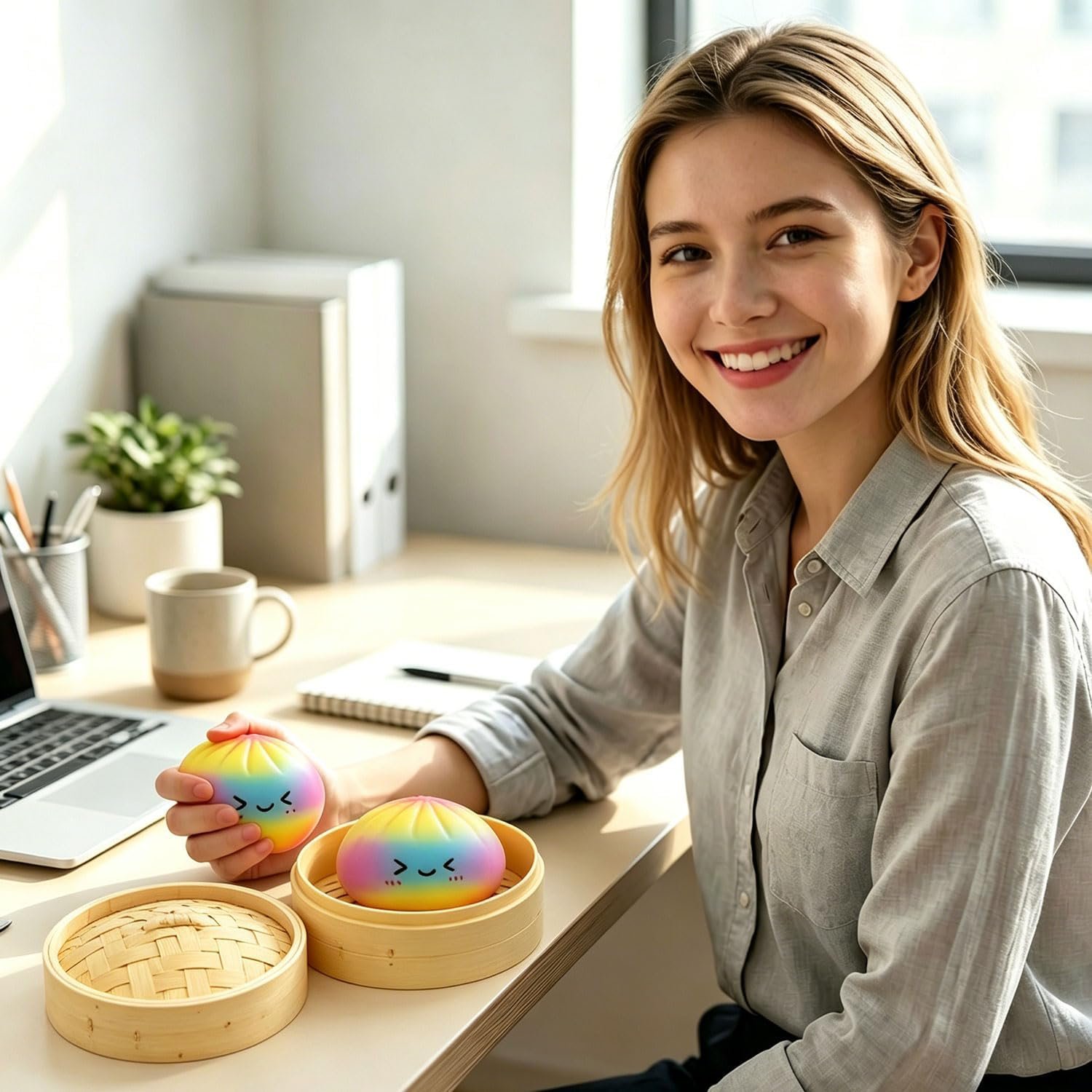 2pcs Rainbow Dumpling Toy with Steamer Box, Surprise Colorful Squeeze Dough Stress Ball Realistic Steamed Bun Fidget Sensory Toy for Adult Gift - Image 2