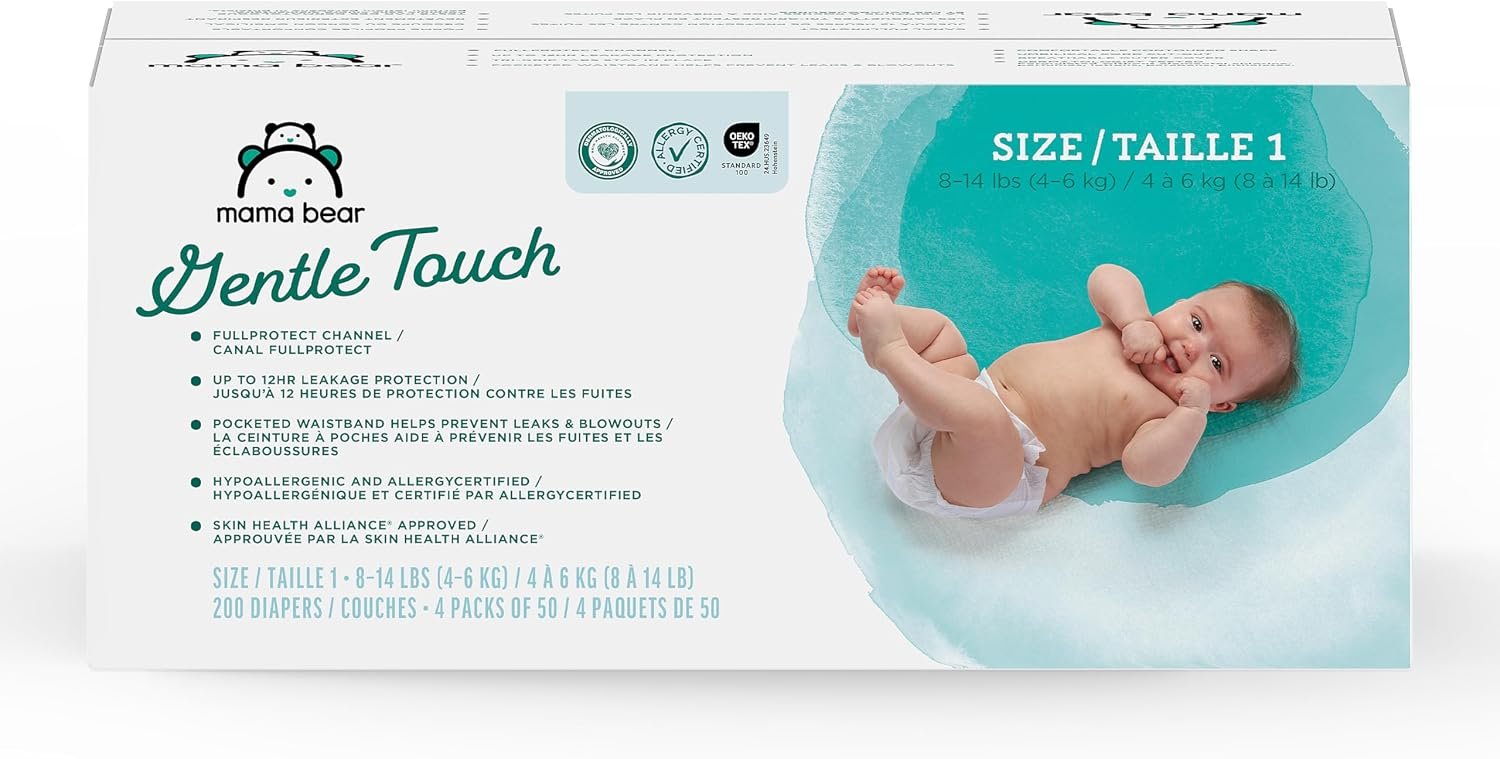 Amazon Brand - Mama Bear Gentle Touch Baby Diapers, Size 1, Leak Protection, Wetness Indicator, Umbilical Cord Cutout, 200 Count (4 packs of 50)
