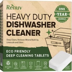 Renuv® Heavy Duty Dishwasher Cleaner & Deodorizer, Descaler, 12 XL Tablets | Deep Cleaning, Natural Odor & Smell Remover, Calcium, Limescale, Hard Water Marks, Grease Remover, Septic Safe