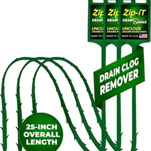 The original Zip-It Hair Clog Remover 25-inch Overall Length Drain Snake Cleaner (3-Pack), Unclog Your Sink, Shower, & Tub Drain In Seconds – Non-toxic, Made in the USA