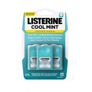 Listerine Travel Essentials Cool Mint PocketPaks Breath Strips, Travel Size Mini Mouthwash Breath Fresheners Party Favor Goodie Bag Strips Kill 99% of Bad Breath Germs, 3 Pack of 24 ct
