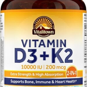 Vitalitown Vitamin D3 K2 Supplement, Vitamin D3 10000 IU Vitamin K2 (MK7) 200 mcg, 90 Softgels, Non-GMO, No Gluten & Soy, for Bone, Teeth, Immune & Heart Health