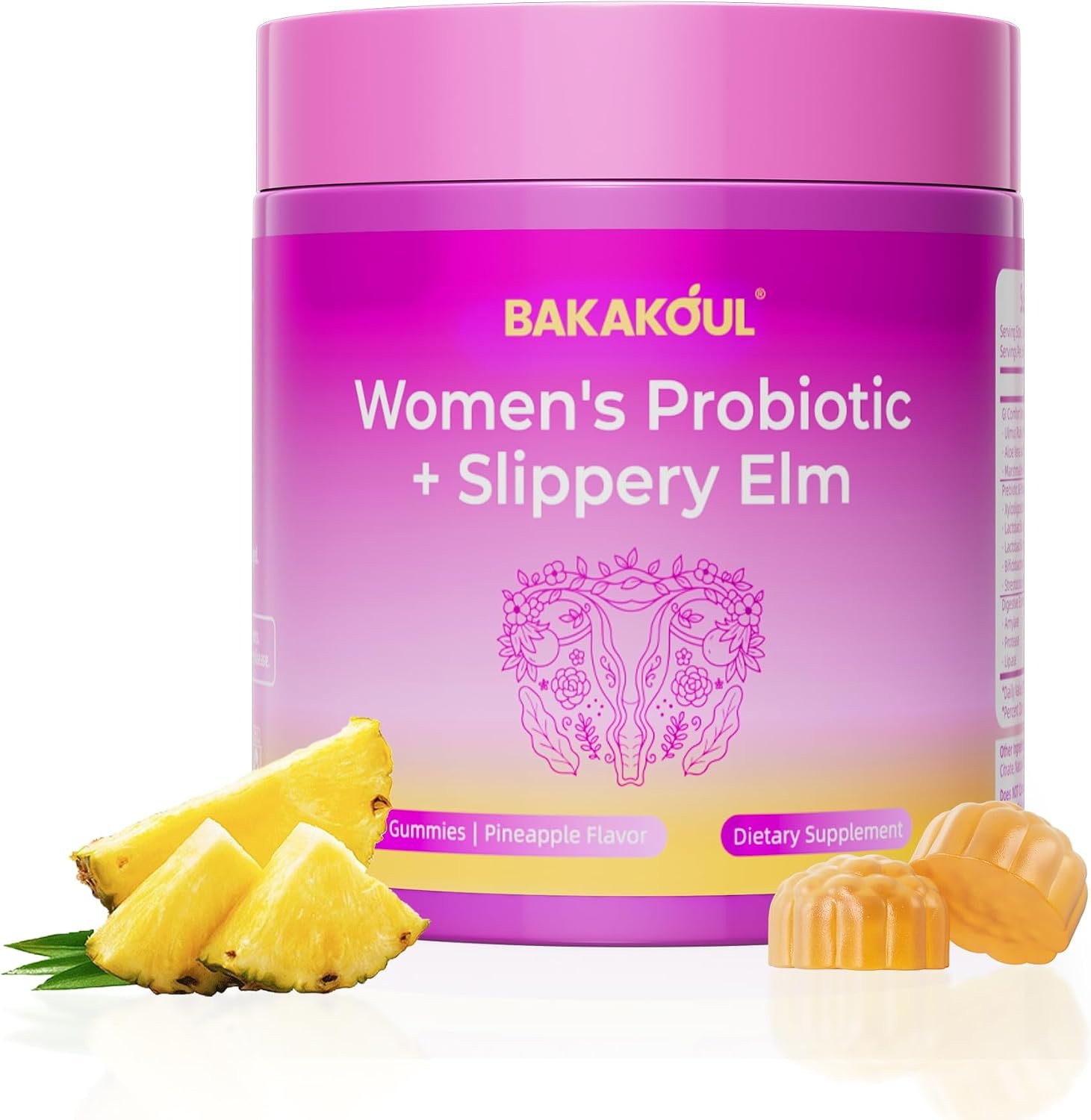 BAKAKOUL Feminine Probiotics Gummies for Women, Vaginal Probiotics with Slippery Elm,Prebiotics & Probiotics Supports pH Balance,Immune Health, Vegan, Non-GMO, Pineapple Flavor,60 Gummies 1 Pack