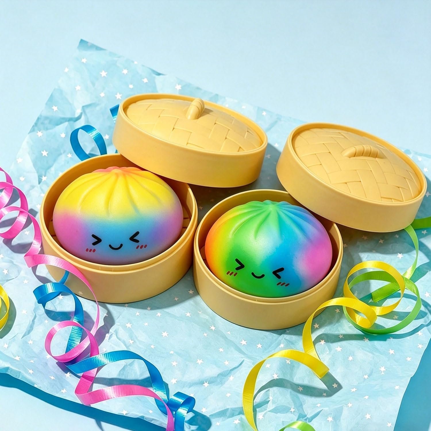2pcs Rainbow Dumpling Toy with Steamer Box, Surprise Colorful Squeeze Dough Stress Ball Realistic Steamed Bun Fidget Sensory Toy for Adult Gift - Image 9