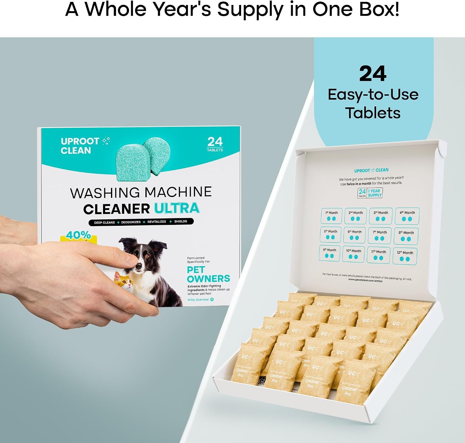 Uproot Clean Washing Machine Cleaner Tablets Ultra - 40% Stronger Formula: Designed for Pet Owners, Remove Residue, Grime & Odors, Compatible with HE, Top & Front Load, 24 Pack - 12 Month Supply - Image 8