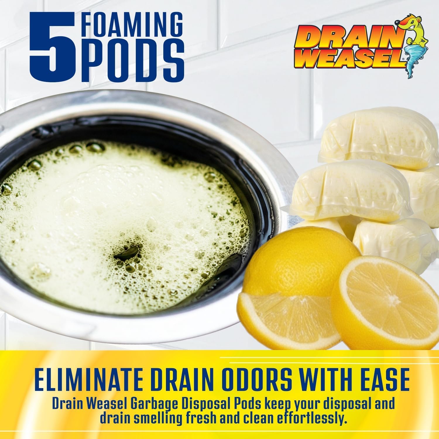 Drain Weasel Garbage Disposal Pods Cleaner and Deodorizer, Sink Odor Eliminator with Foaming Action, Septic-Safe Enzyme Formula, Fresh Lemon Scent, Pack of 5 - Image 8
